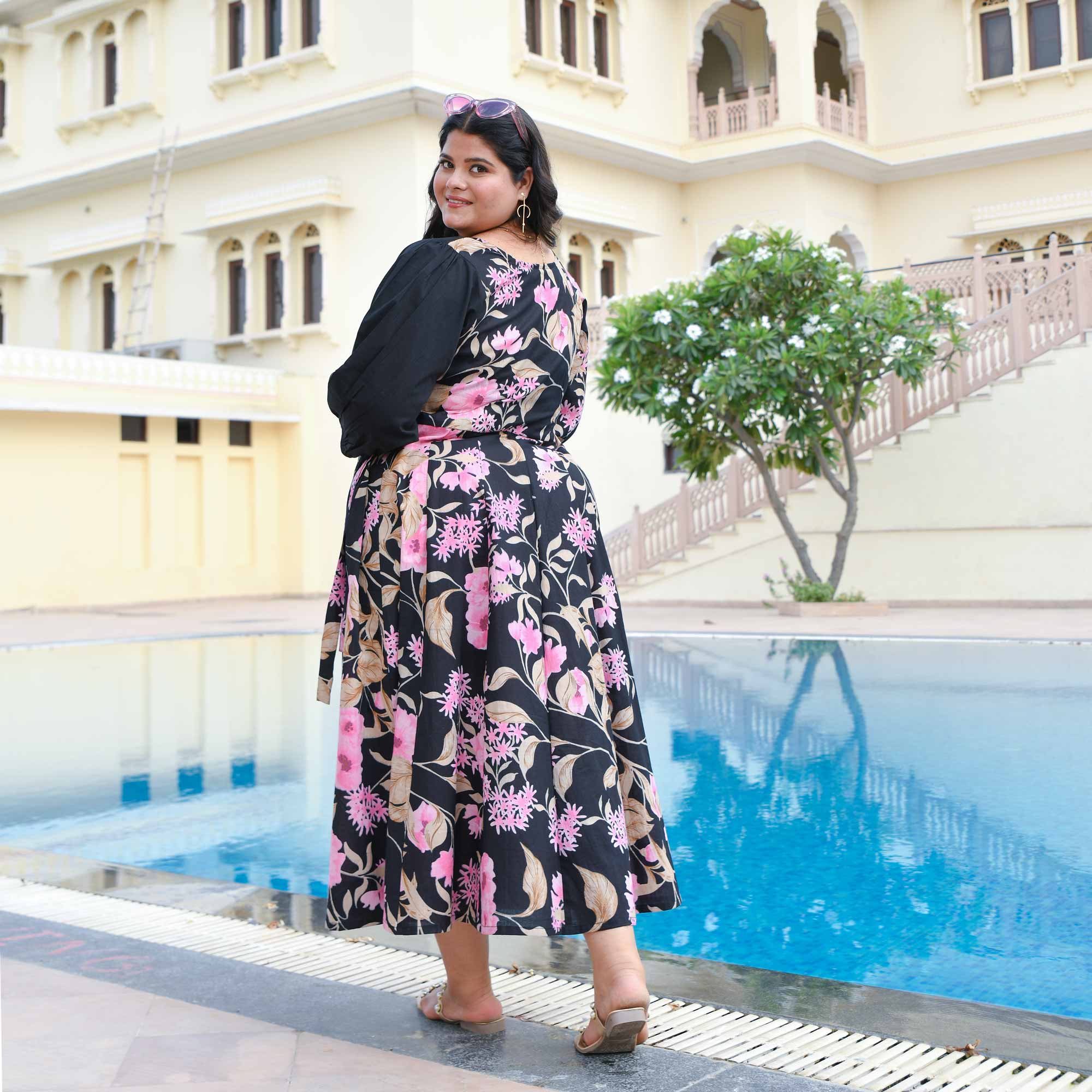 Flamingo & Black Floral Cotton Wrap Dress