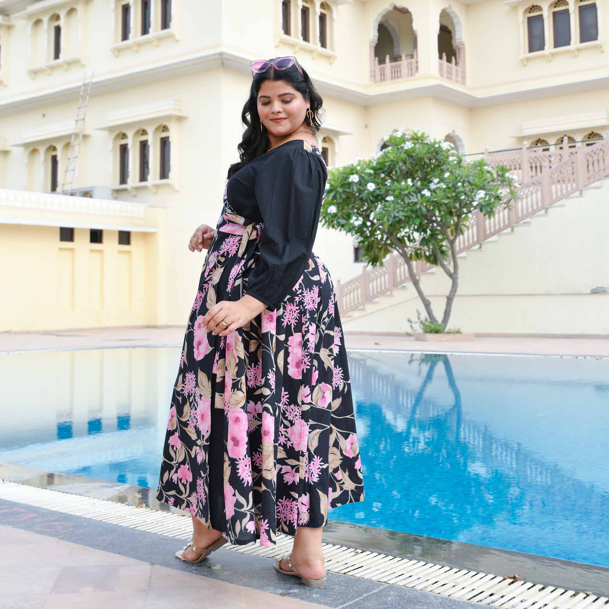 Flamingo & Black Floral Cotton Wrap Dress