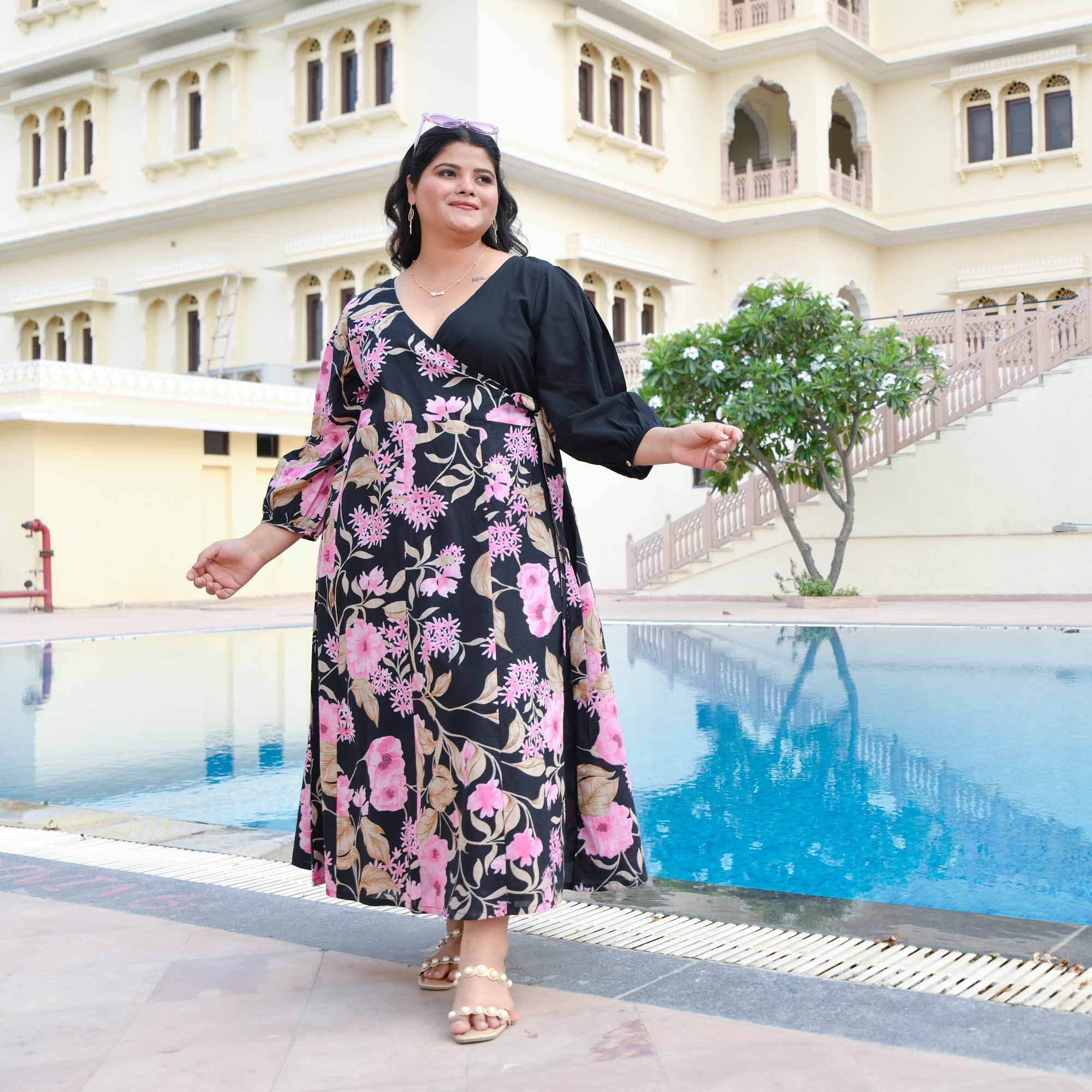 Flamingo & Black Floral Cotton Wrap Dress