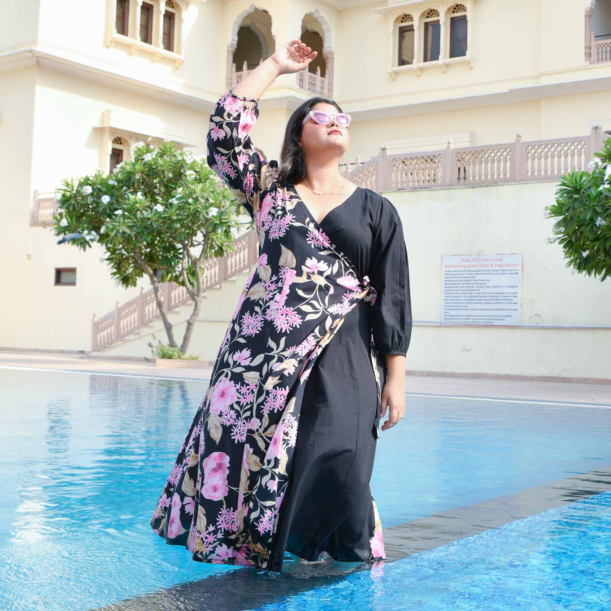 Flamingo & Black Floral Cotton Wrap Dress