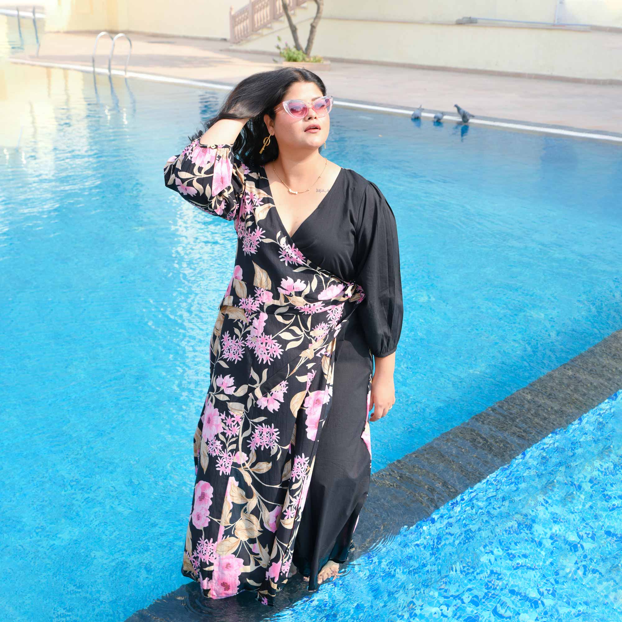 Flamingo & Black Floral Cotton Wrap Dress