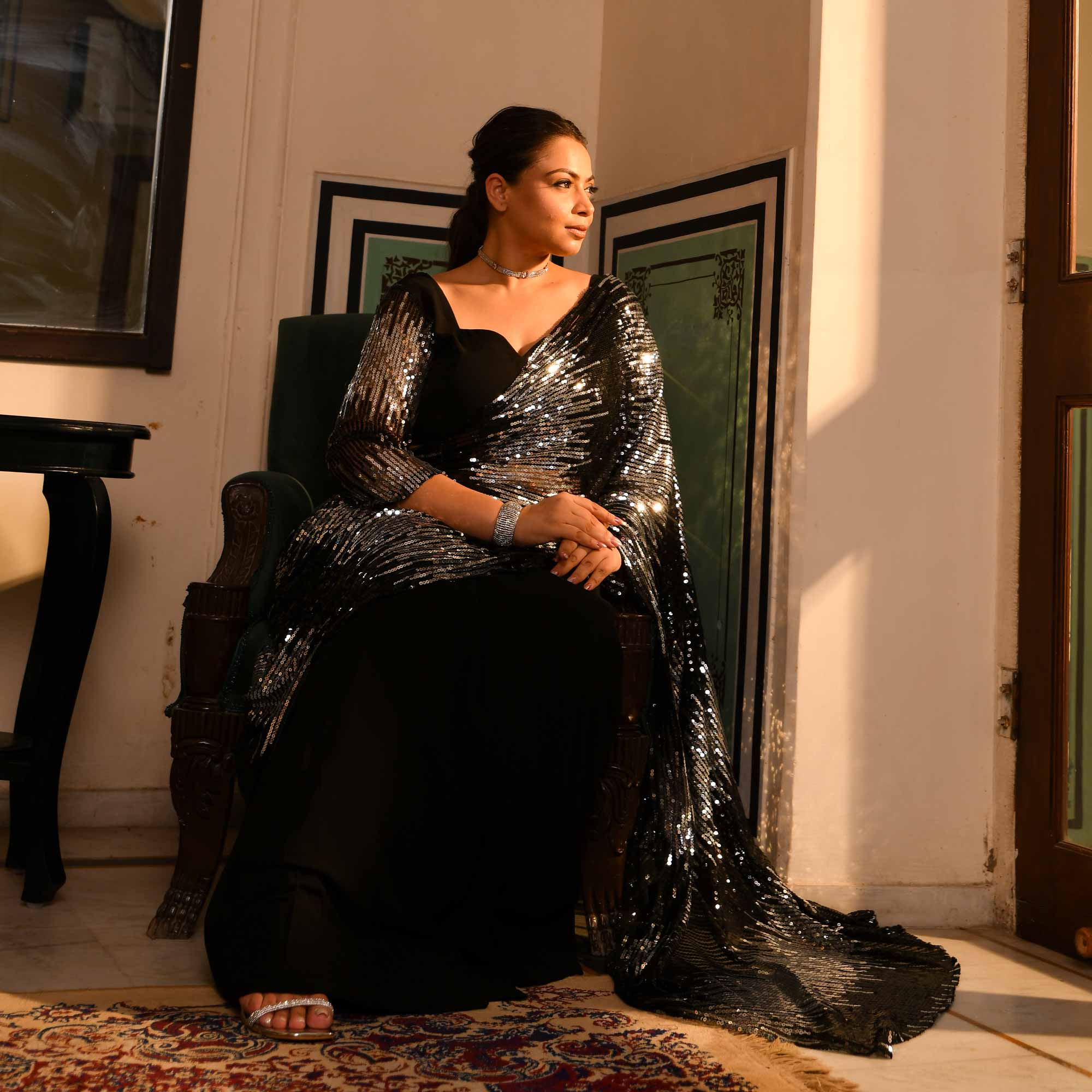 Silver Ice- Black And Silver Sparkle Georgette Pre-Drape Saree