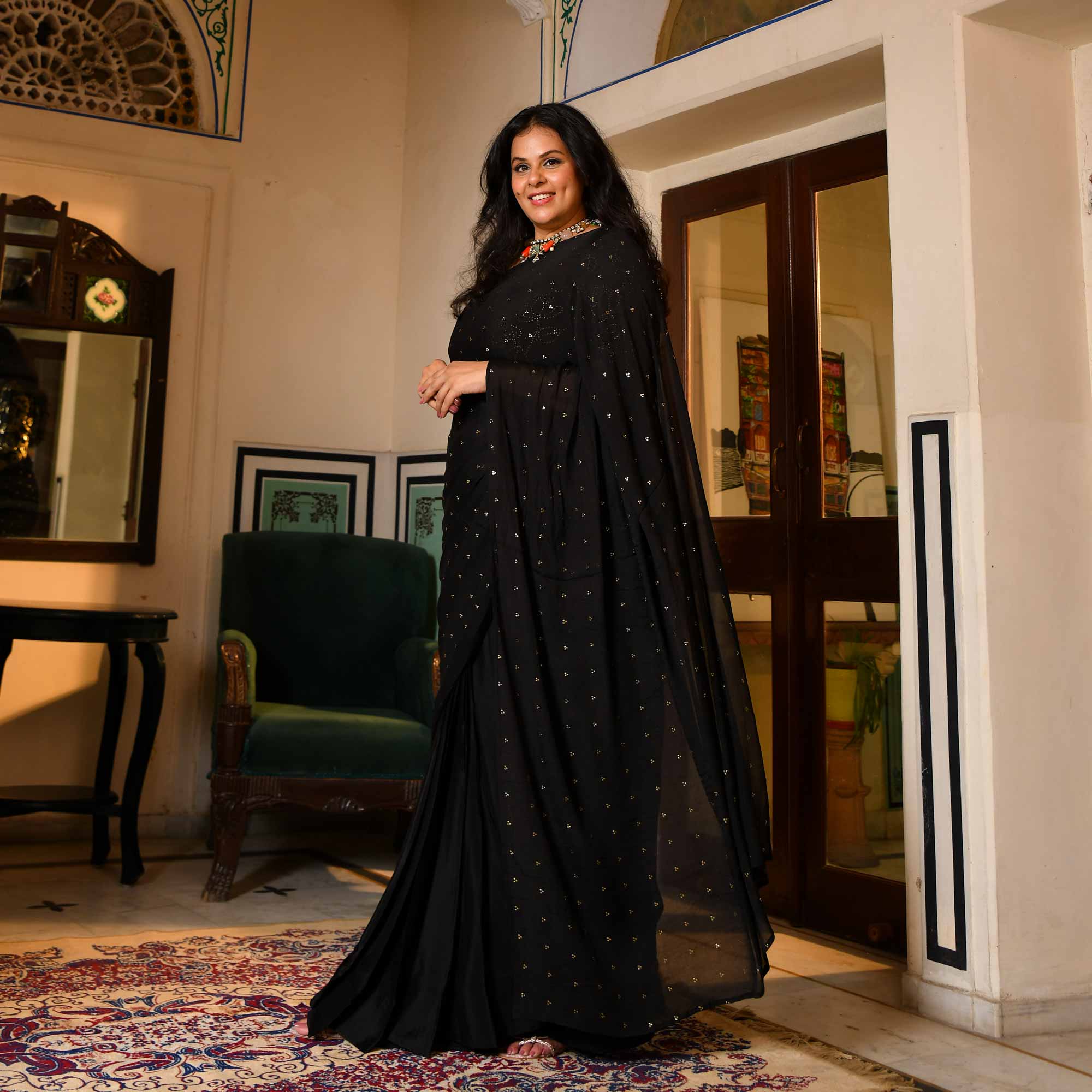 Rasa-Black & Gold Dazzle Pure Chinon Pre-Drape Saree