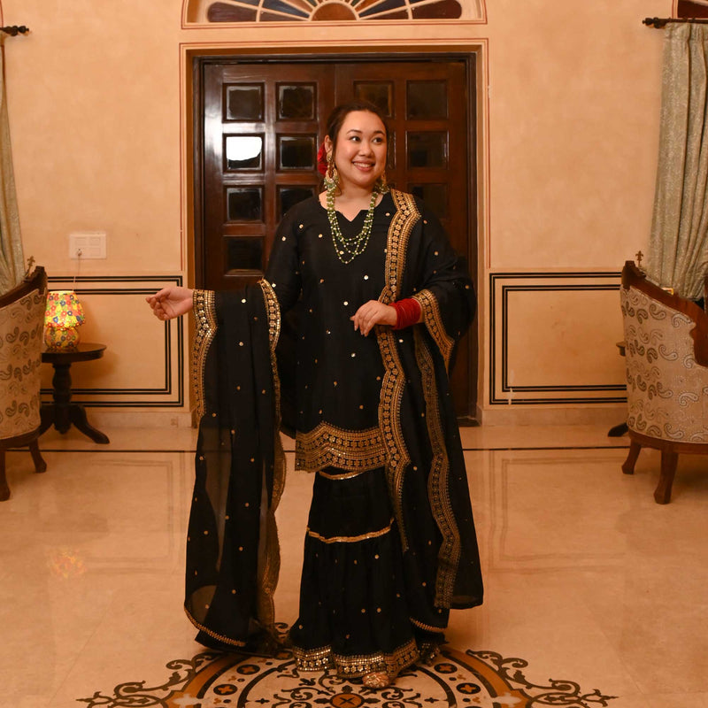 Dazzling Nightfall Scalloped Sequin Sharara Set