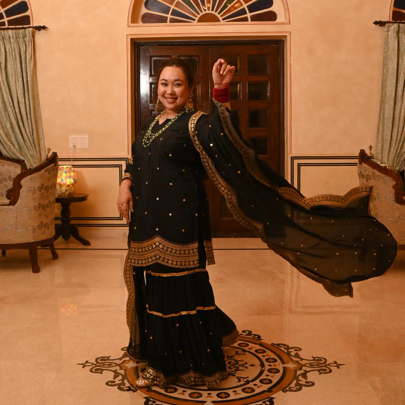 Dazzling Nightfall Scalloped Sequin Sharara Set