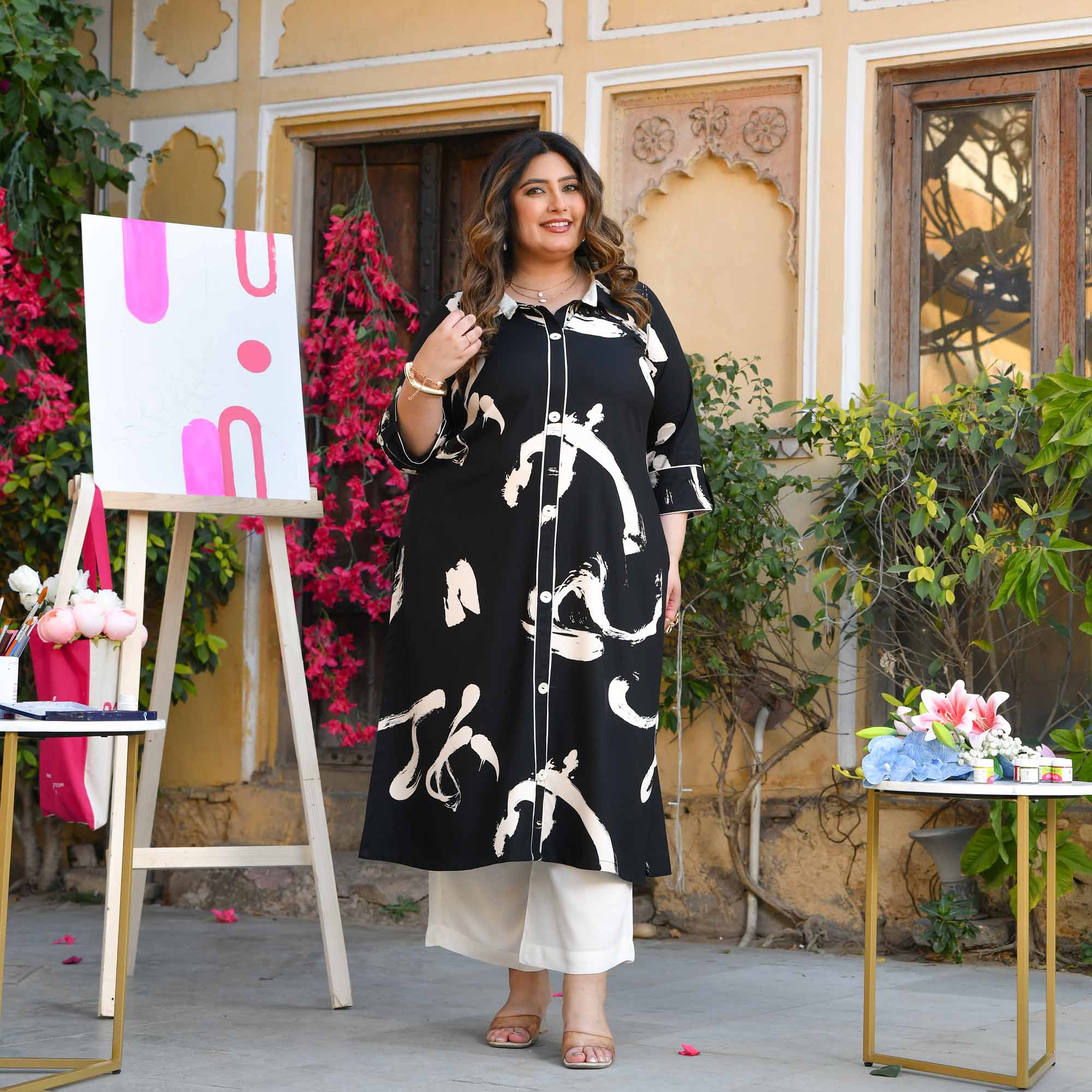 Chia Seeds- Black & White Abstract Heavy GSM Rayon Cotton Kurta