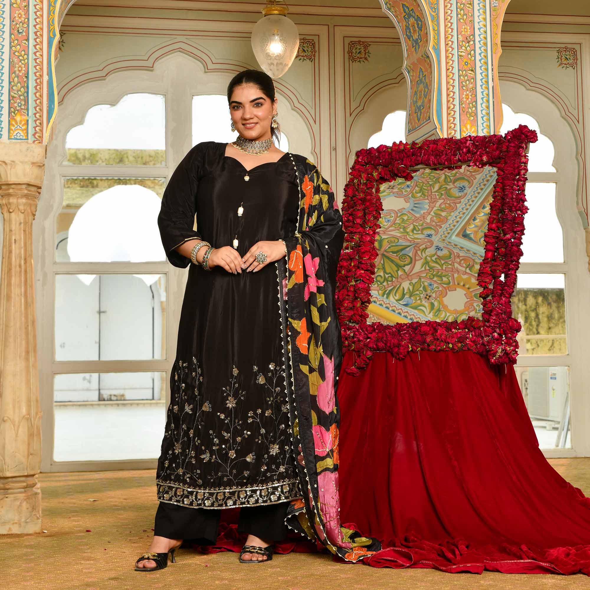 Swapan Lok- Black Pure Crepe Cutdana Embroidered Suit with Floral Printed Dupatta