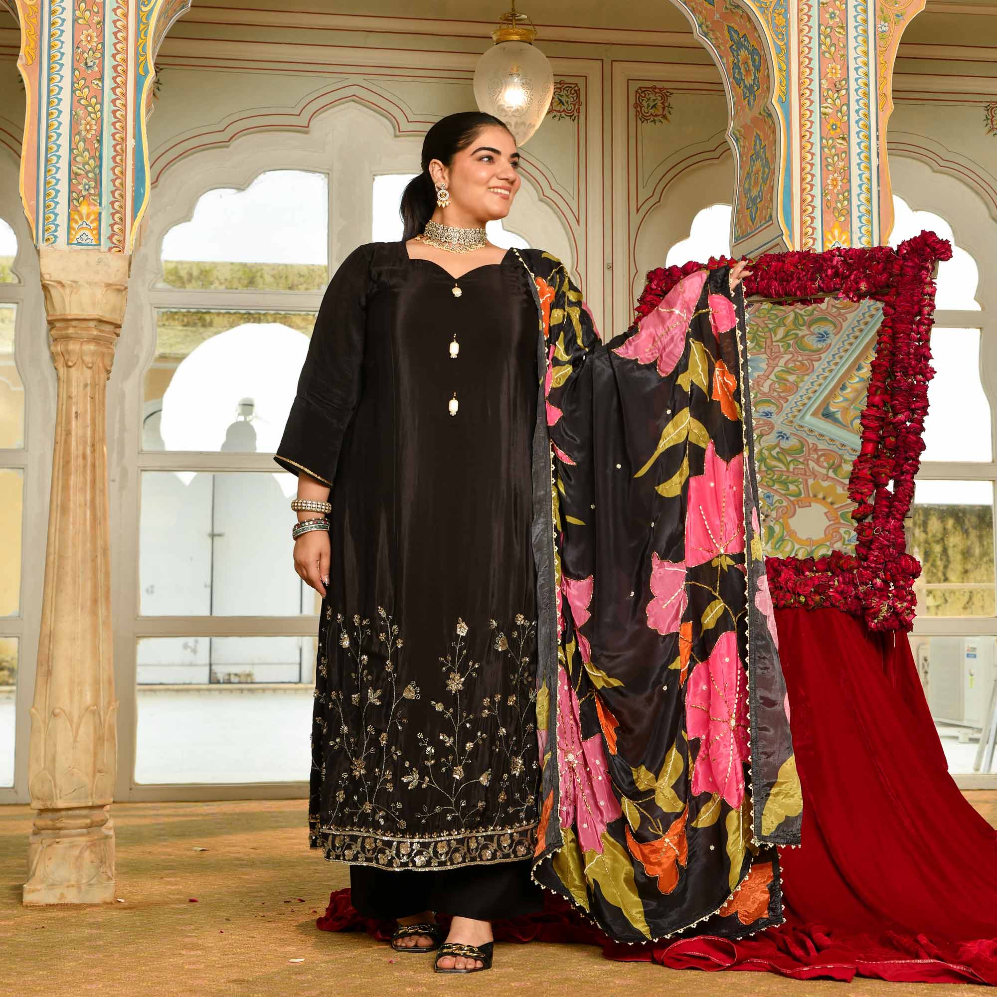 Swapan Lok- Black Pure Crepe Cutdana Embroidered Suit with Floral Printed Dupatta