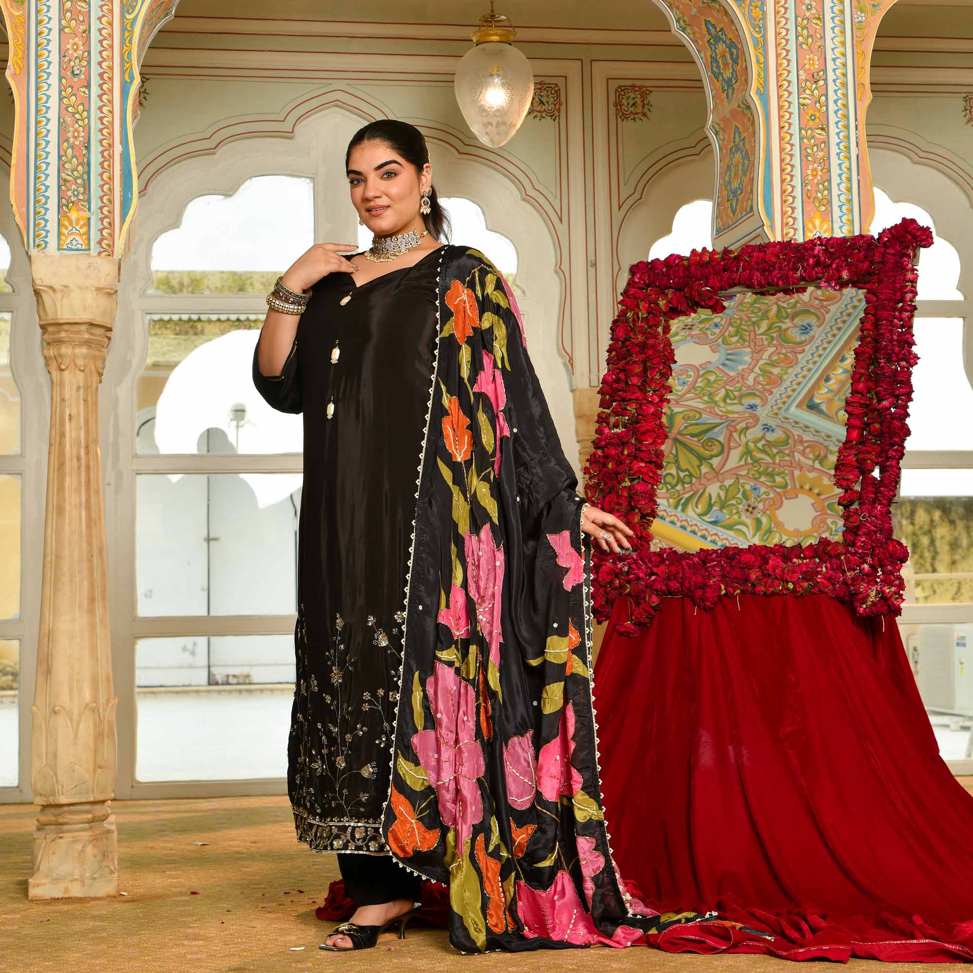 Swapan Lok- Black Pure Crepe Cutdana Embroidered Suit with Floral Printed Dupatta
