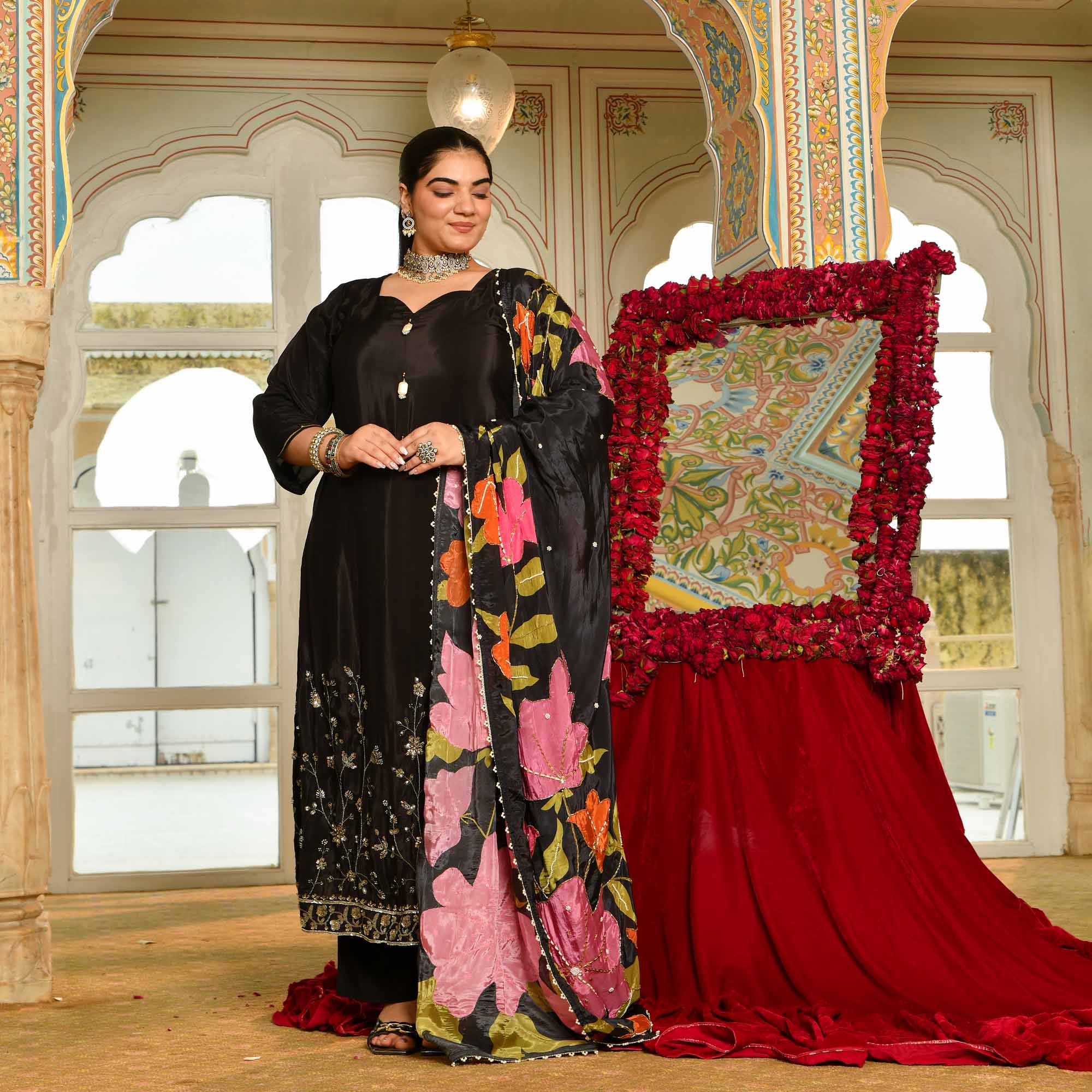 Swapan Lok- Black Pure Crepe Cutdana Embroidered Suit with Floral Printed Dupatta