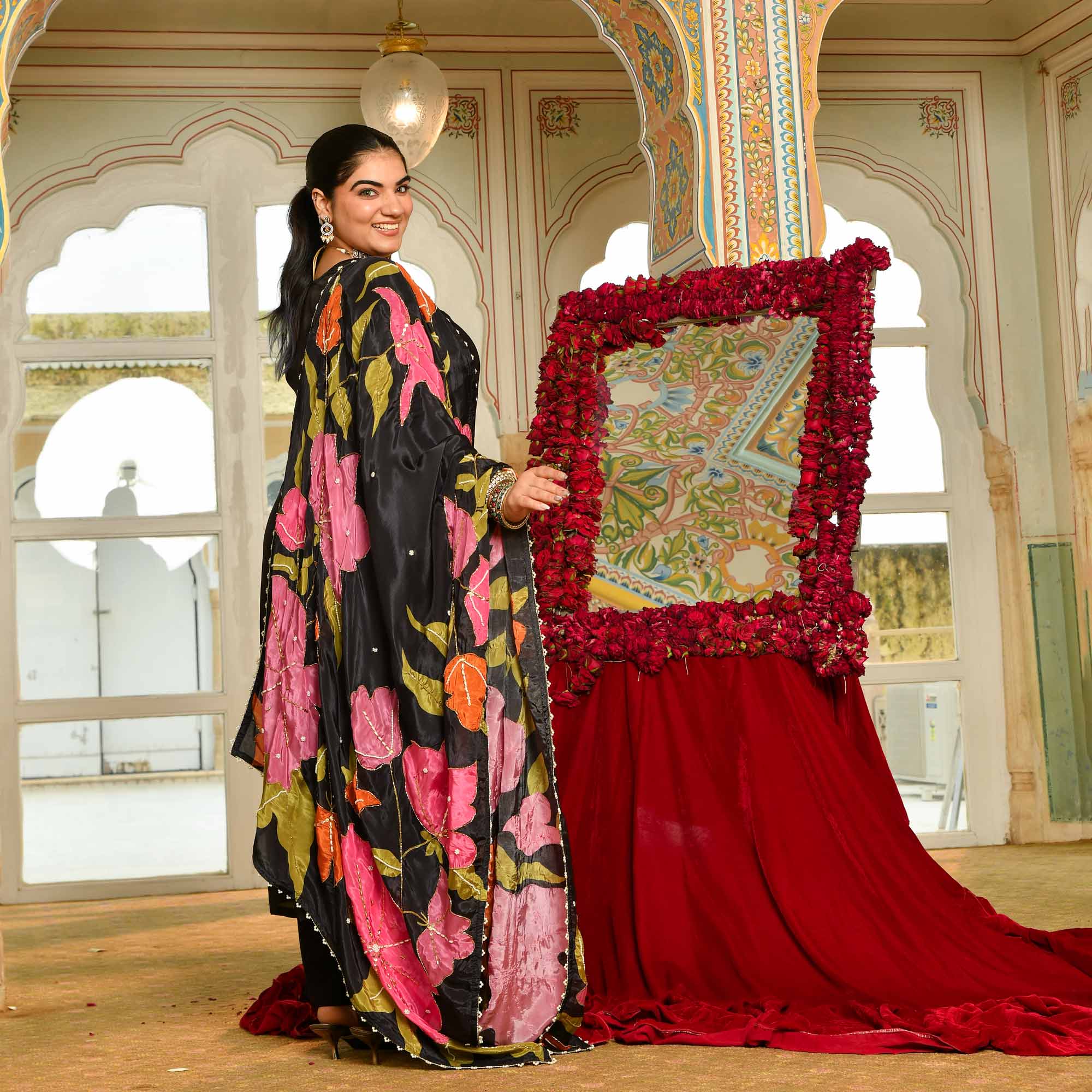 Swapan Lok- Black Pure Crepe Cutdana Embroidered Suit with Floral Printed Dupatta