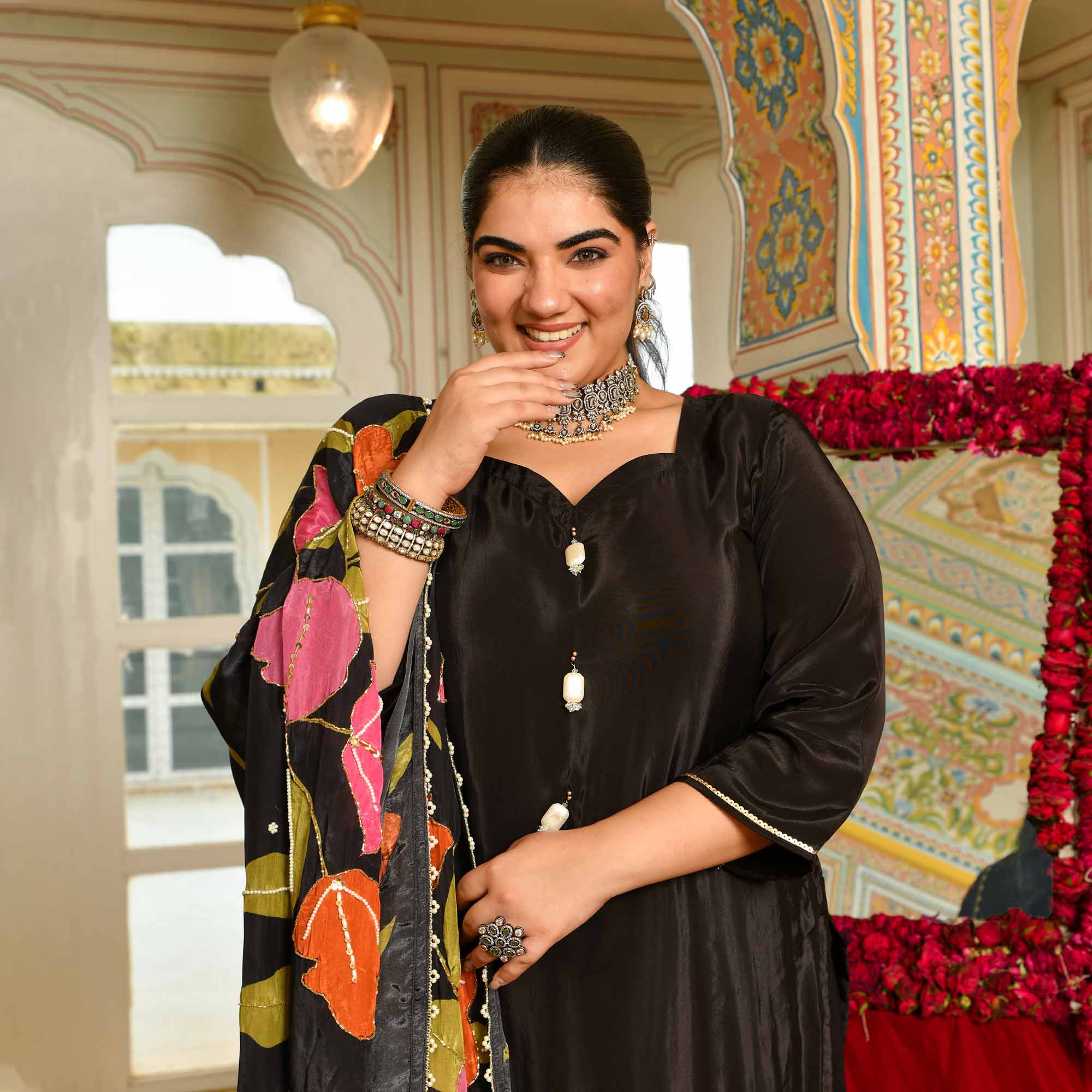 Swapan Lok- Black Pure Crepe Cutdana Embroidered Suit with Floral Printed Dupatta