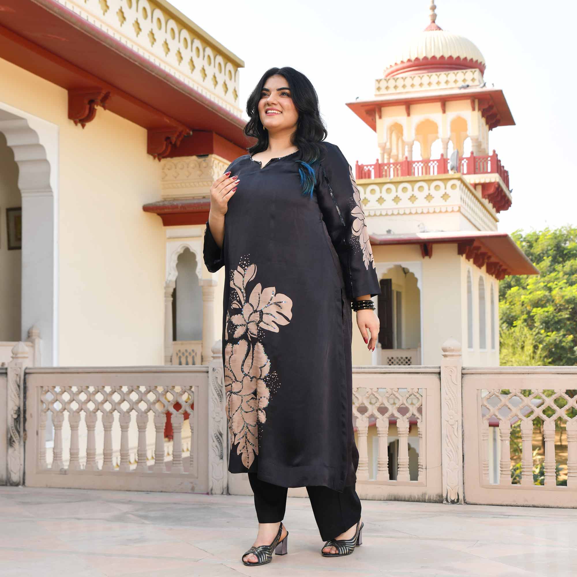 Serenity- Black Floral Pure Organza Satin Kurta