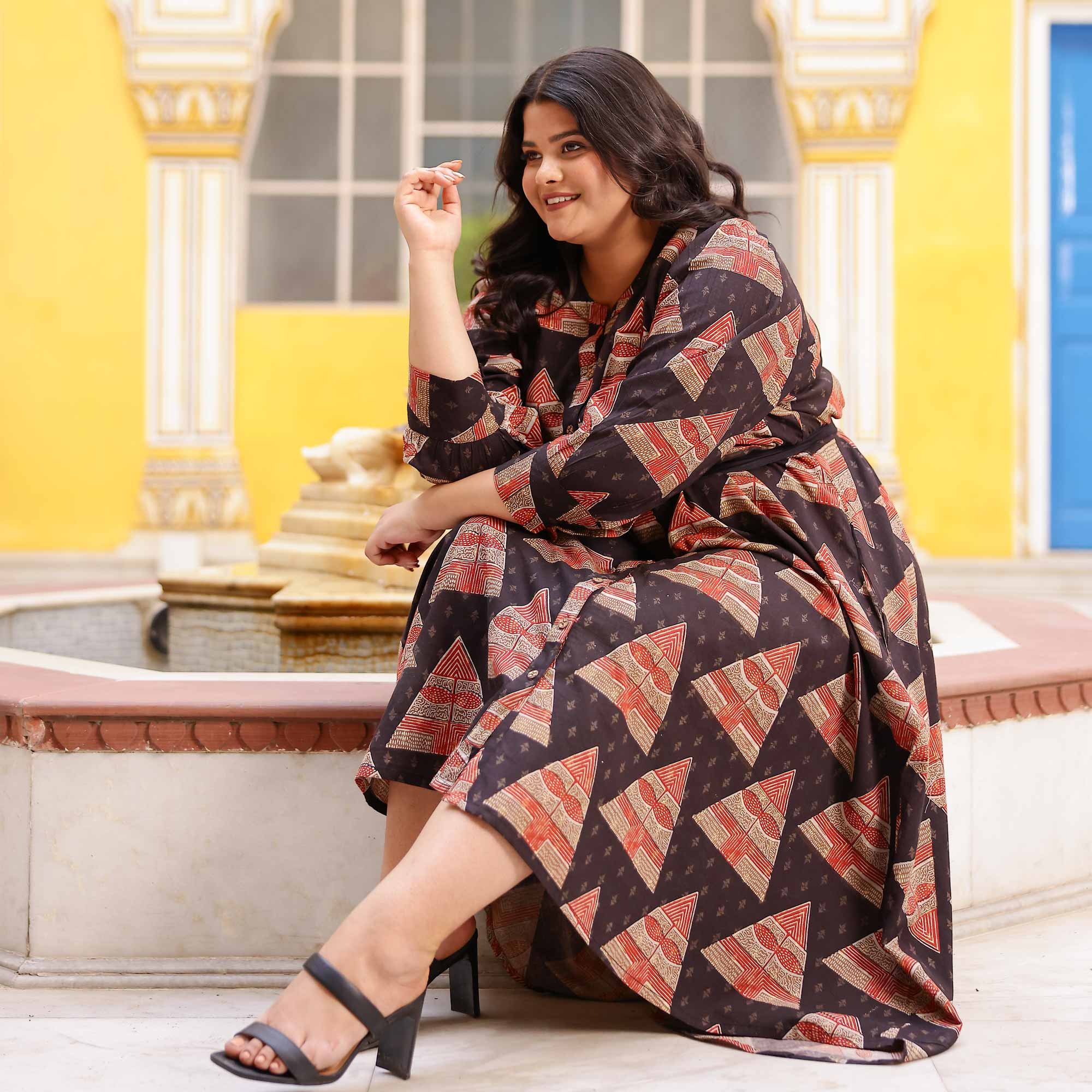 Citrus Gingerbread Ajrakh Assymetrical Shirt Dress