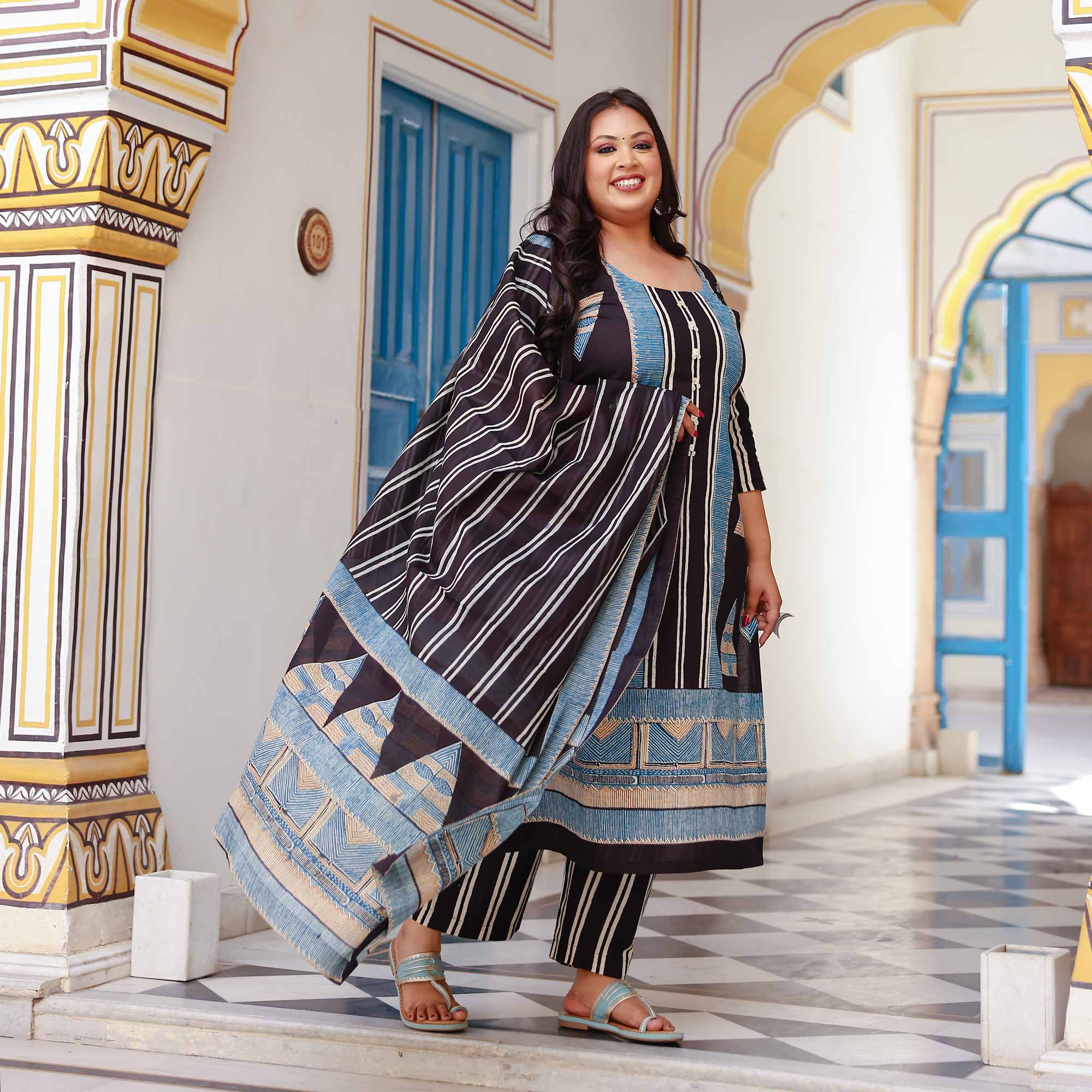 Black Ink & Azure Triangle Ajrakh Cotton Suit Set 