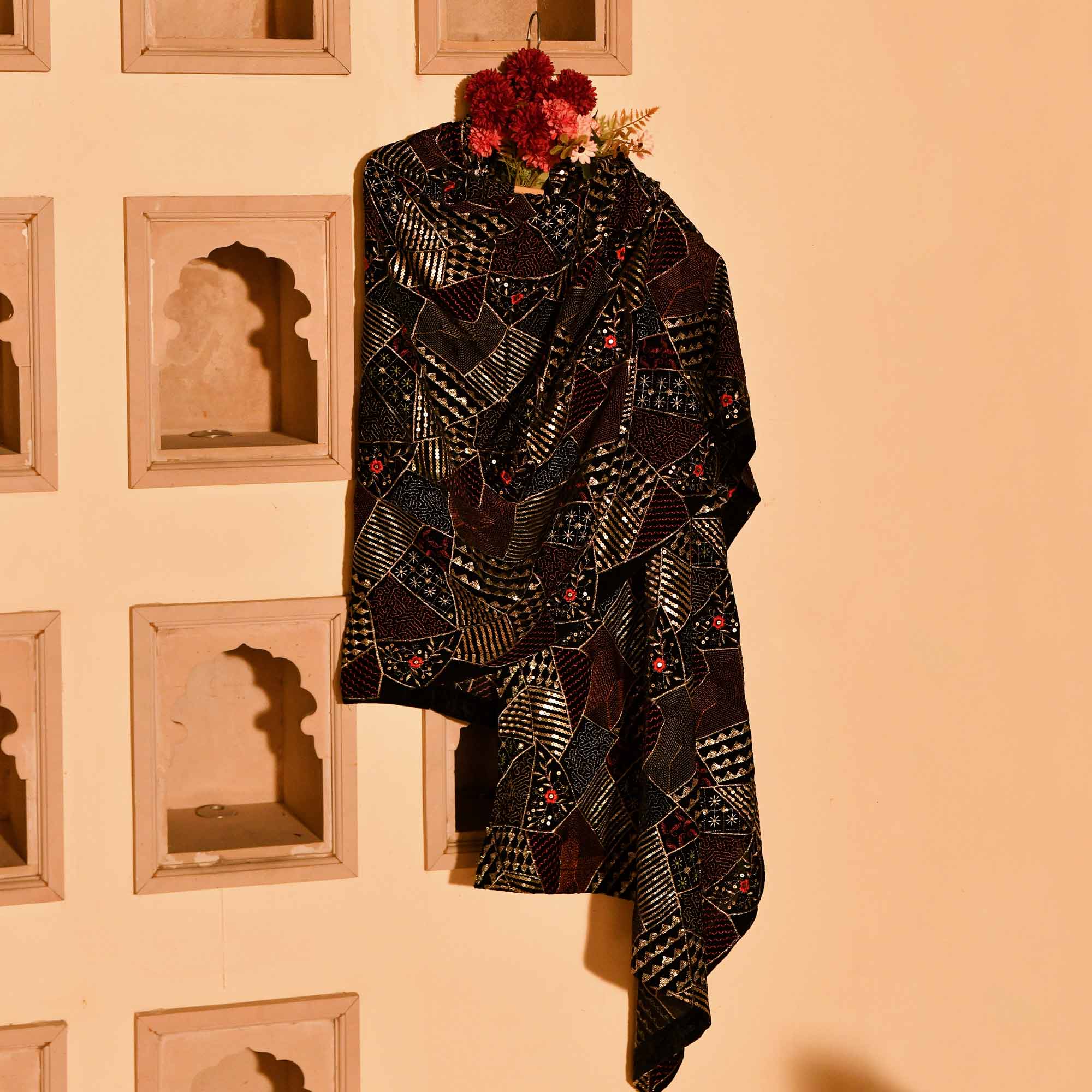 Black Velvet Woollen Sequin Embellished Dupatta Stole