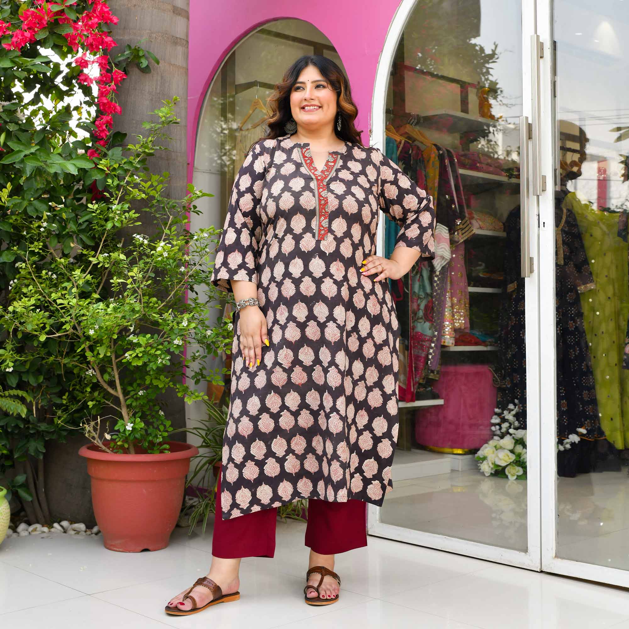 Mysore Pak - Charcoal & Terracotta Handblock Printed Pure Cotton Kurta