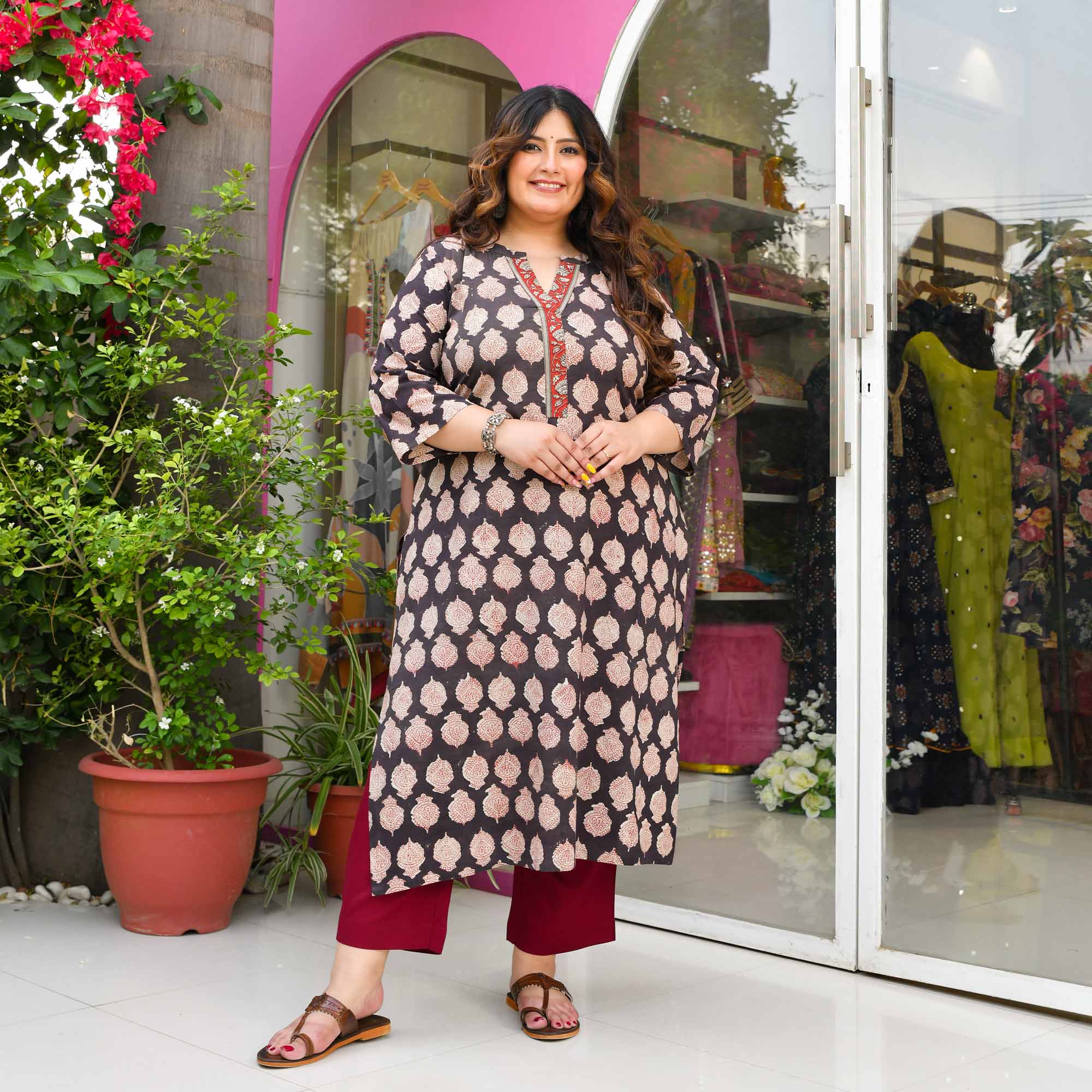 Mysore Pak - Charcoal & Terracotta Handblock Printed Pure Cotton Kurta