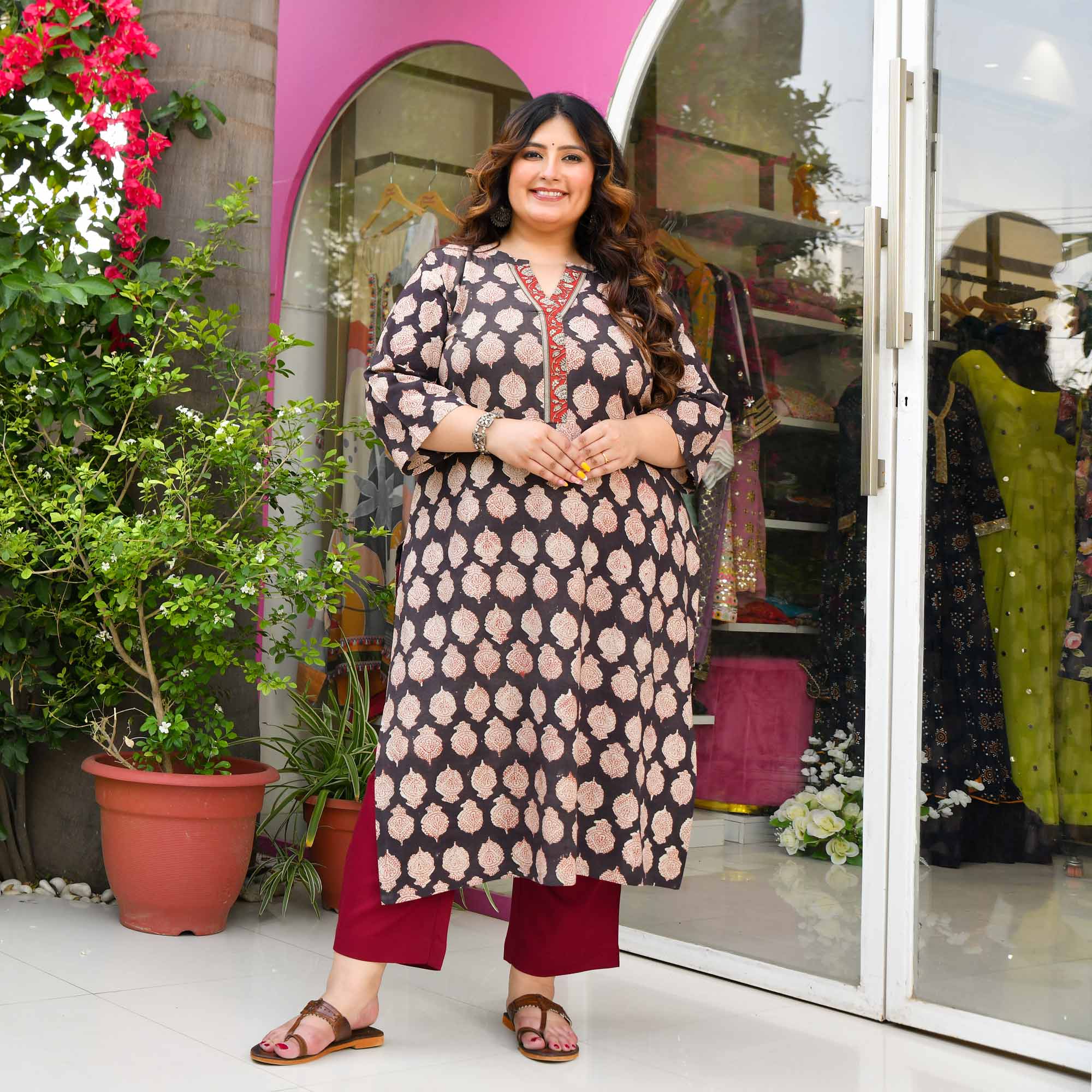 Mysore Pak - Charcoal & Terracotta Handblock Printed Pure Cotton Kurta