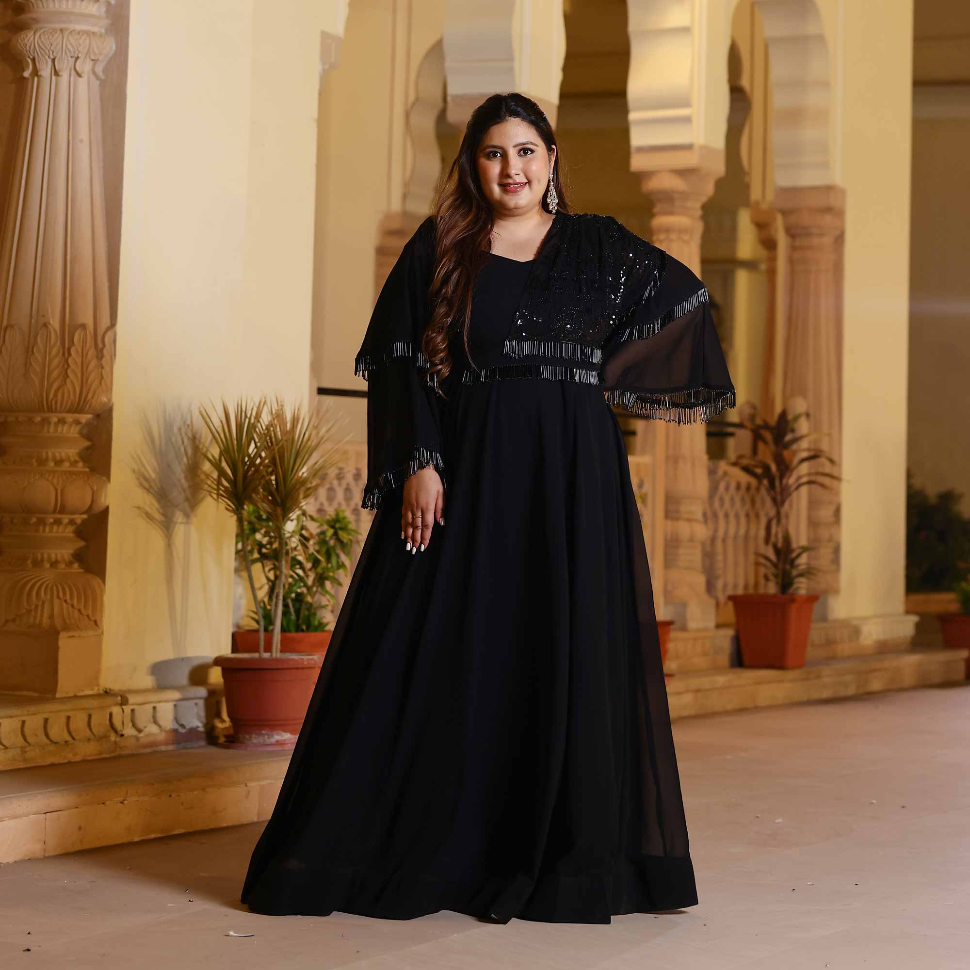Luxe Ebony Cutdana Georgette Anarkali with Belt drape  (Black)