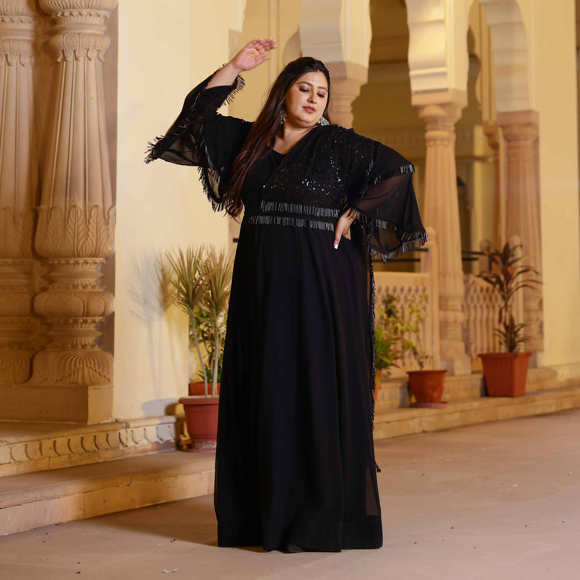 Luxe Ebony Cutdana Georgette Anarkali with Belt drape  (Black)