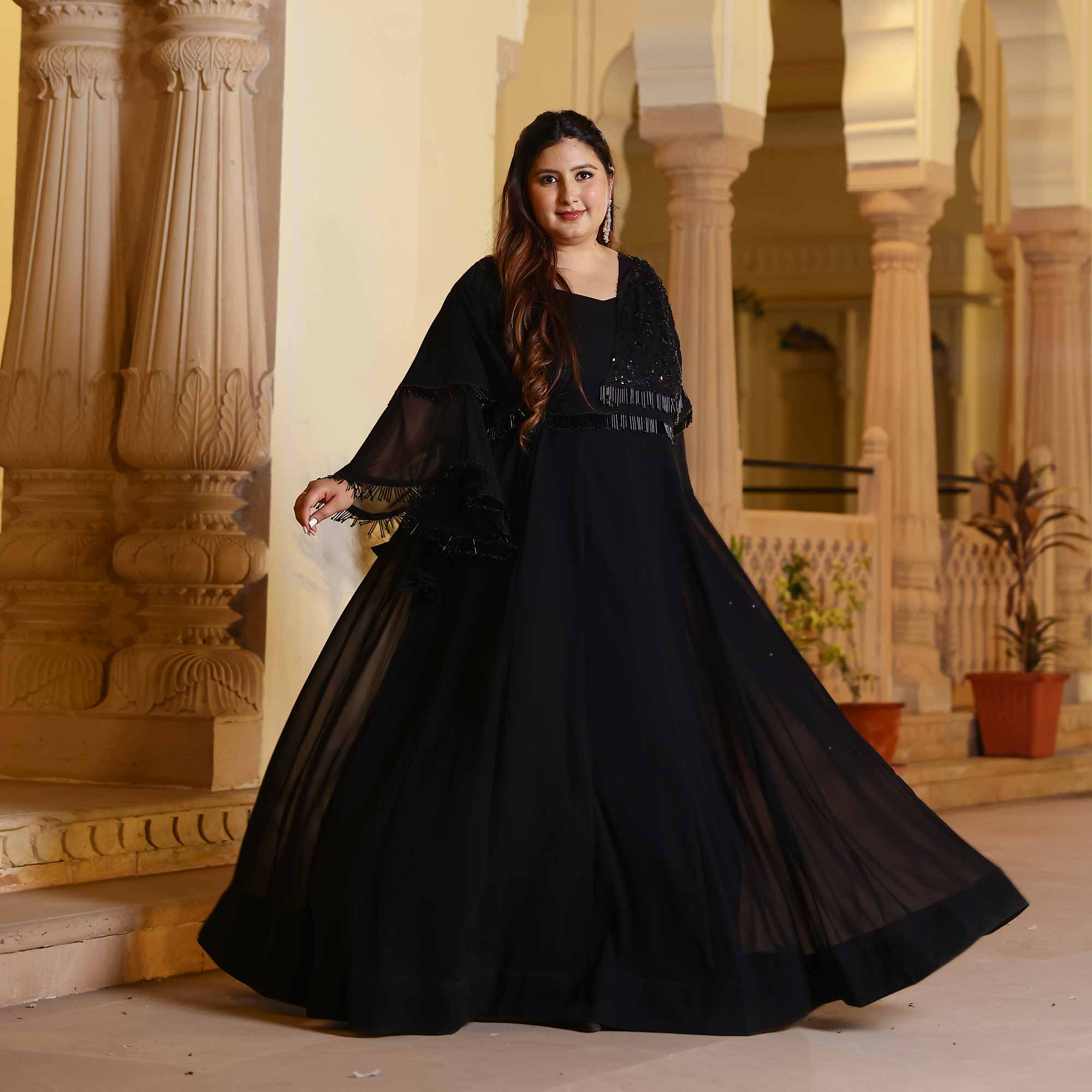 Luxe Ebony Cutdana Georgette Anarkali with Belt drape  (Black)