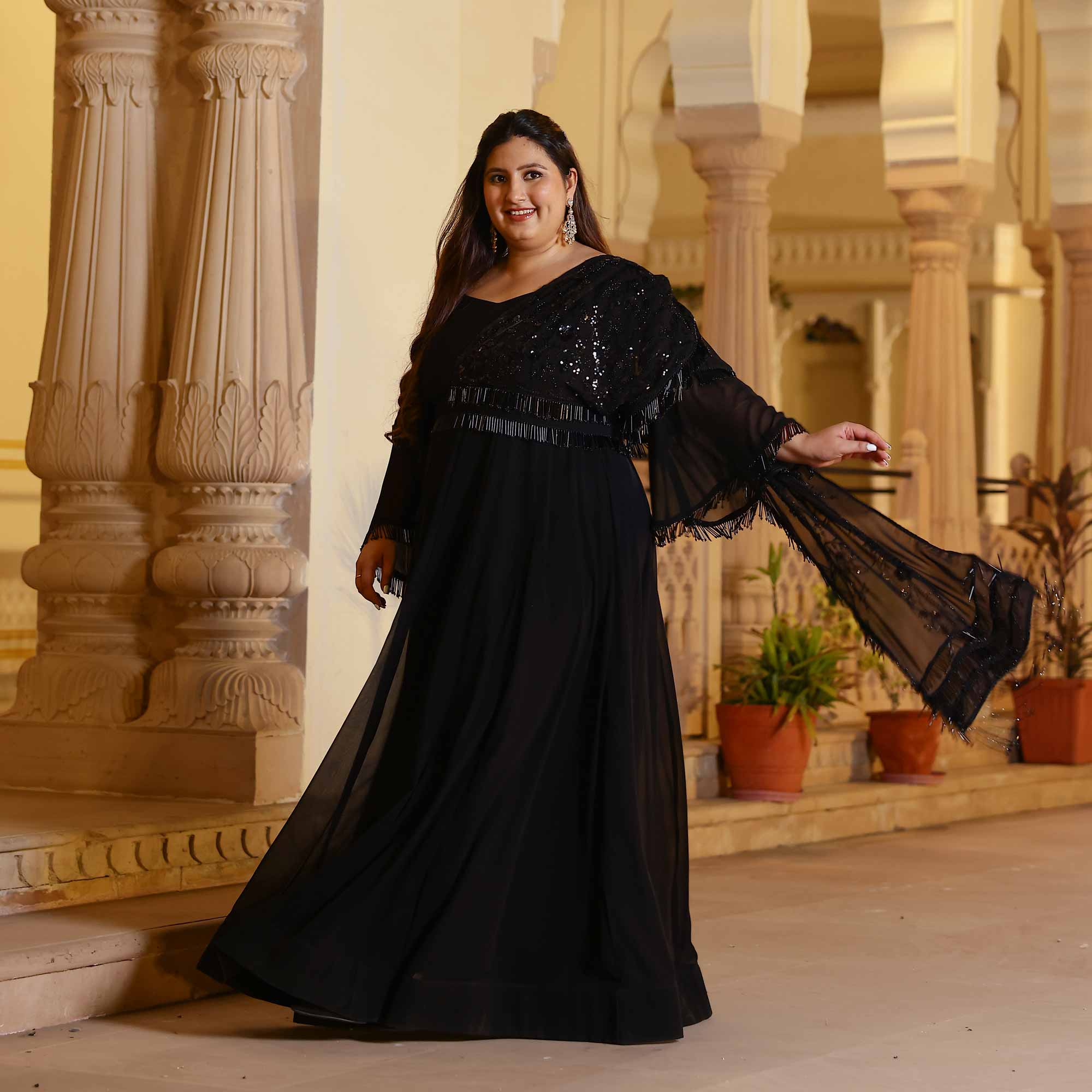 Luxe Ebony Cutdana Georgette Anarkali with Belt drape  (Black)