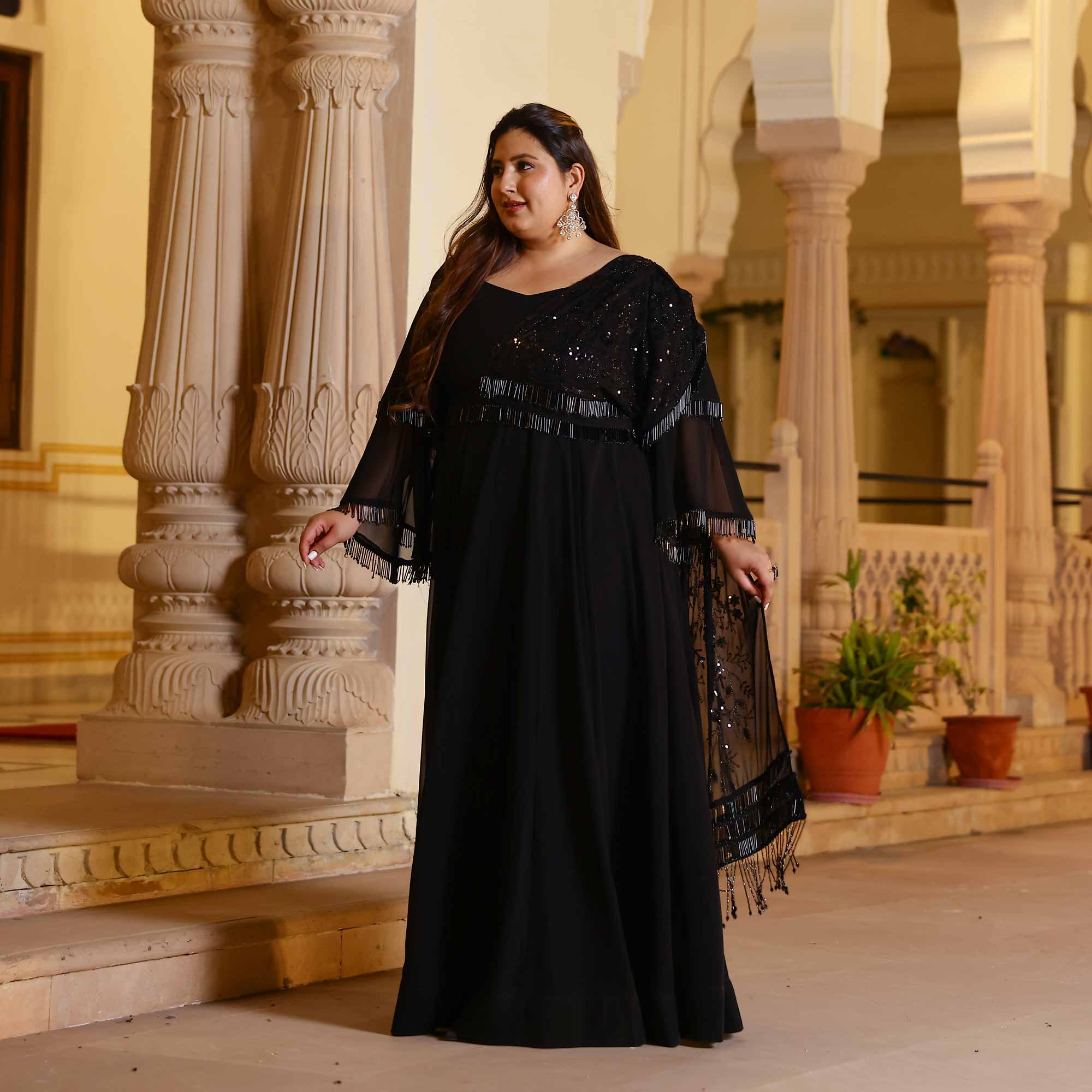 Luxe Ebony Cutdana Georgette Anarkali with Belt drape  (Black)