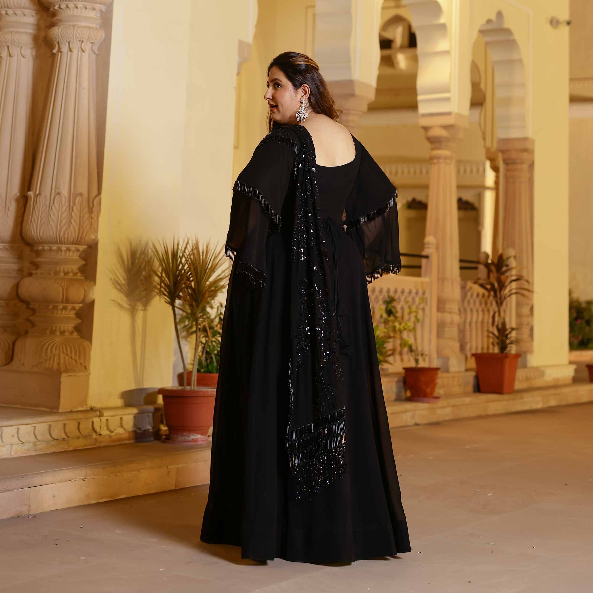 Luxe Ebony Cutdana Georgette Anarkali with Belt drape  (Black)