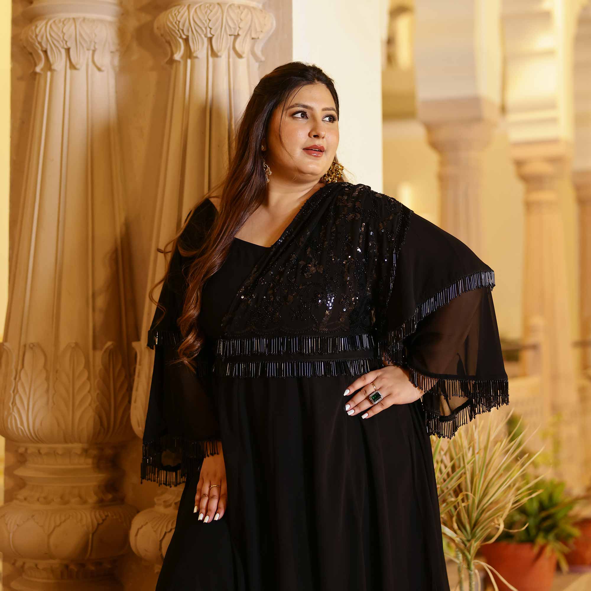 Luxe Ebony Cutdana Georgette Anarkali with Belt drape  (Black)