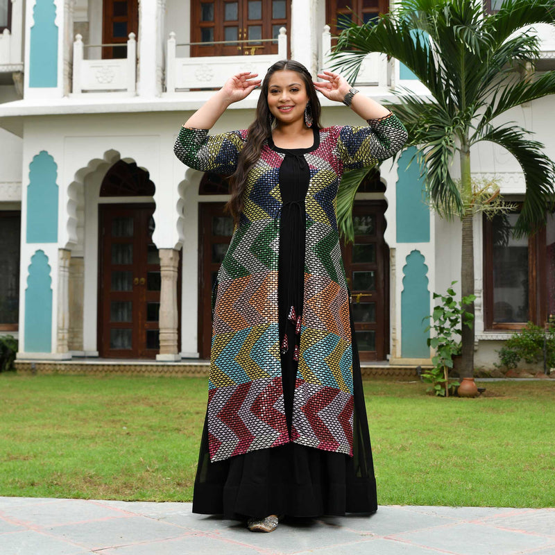Dazzling Sequin Radiance Georgette Anarkali Cape Set