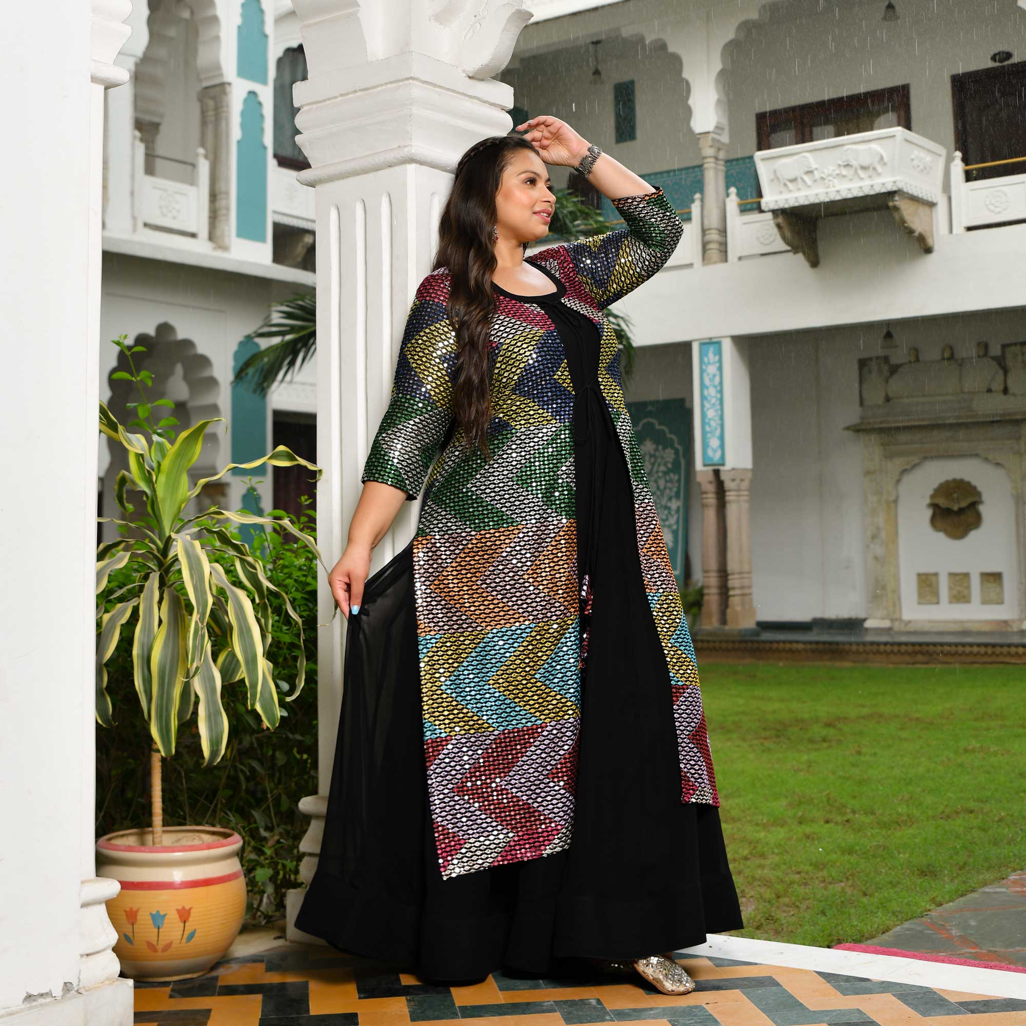 Beautiful cape style gown with designer sleeves with beautiful handwork