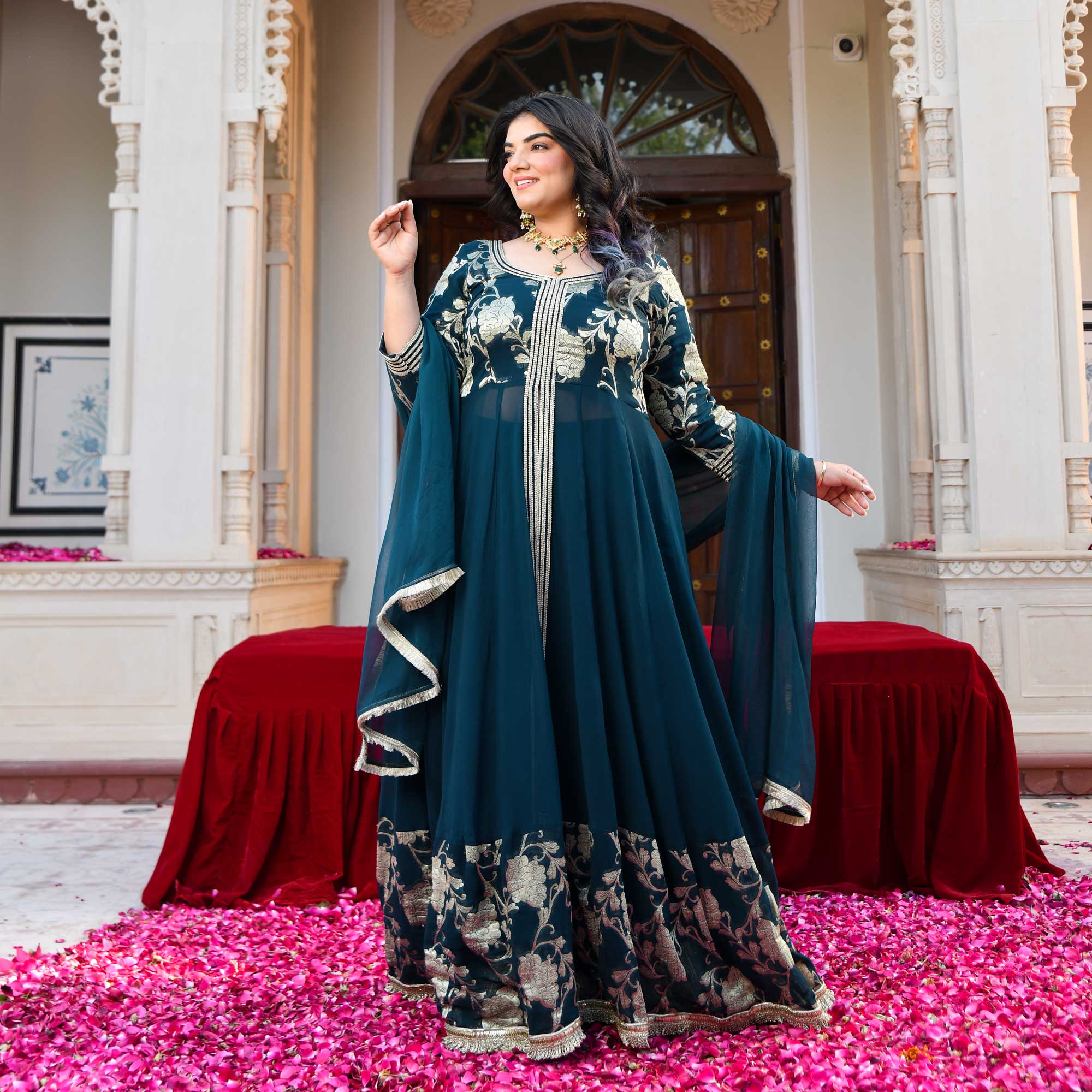 Ambrai- Teal Blue Banarasi Pure Georgette Anarkali Skirt Set