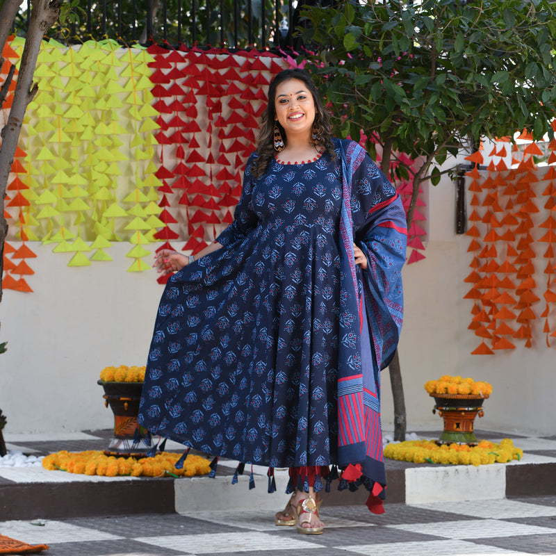 Jay Blue & Raspberry Floral Tassel Anarkali
