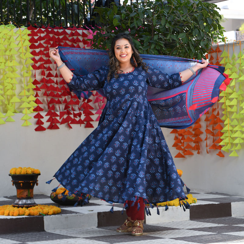 Jay Blue & Raspberry Floral Tassel Anarkali