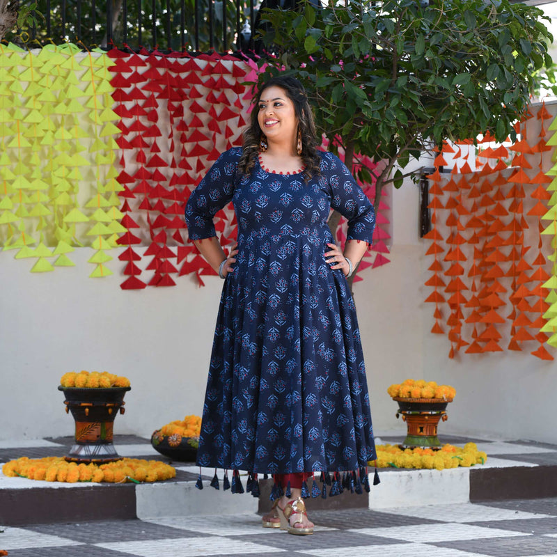 Jay Blue & Raspberry Floral Tassel Anarkali Set