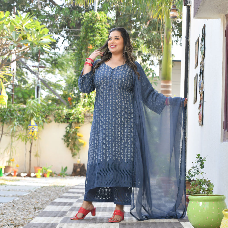 Chand Ka Tukda Handblock Printed Chikankari Suit Set