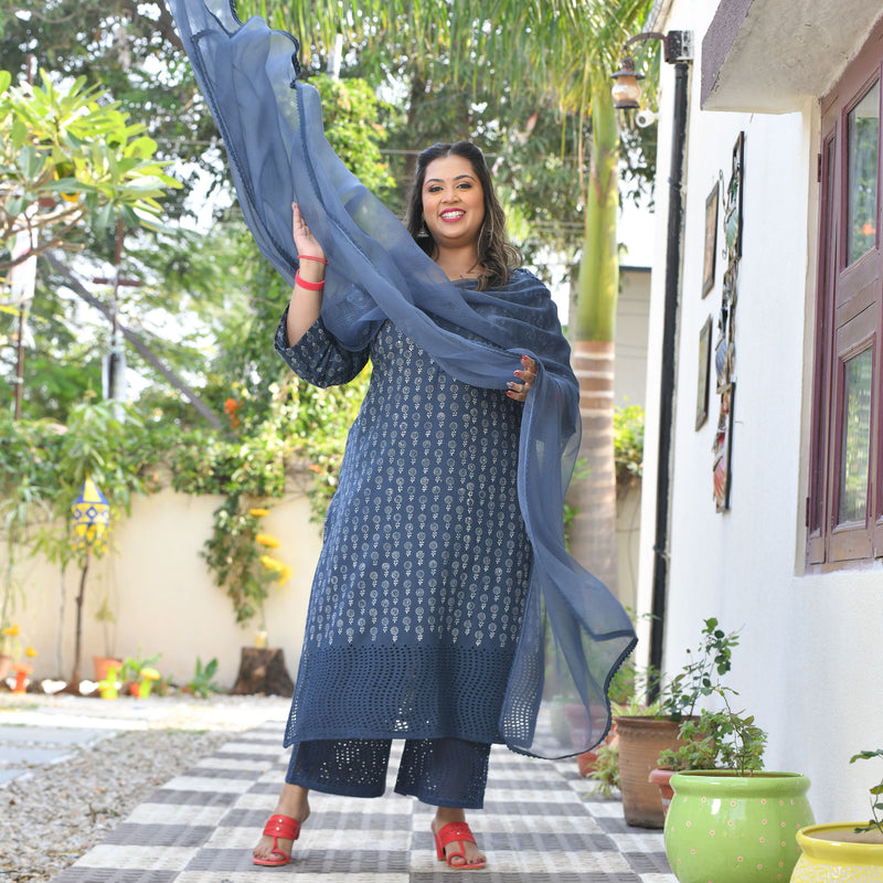 Chand Ka Tukda Handblock Printed Chikankari Suit Set