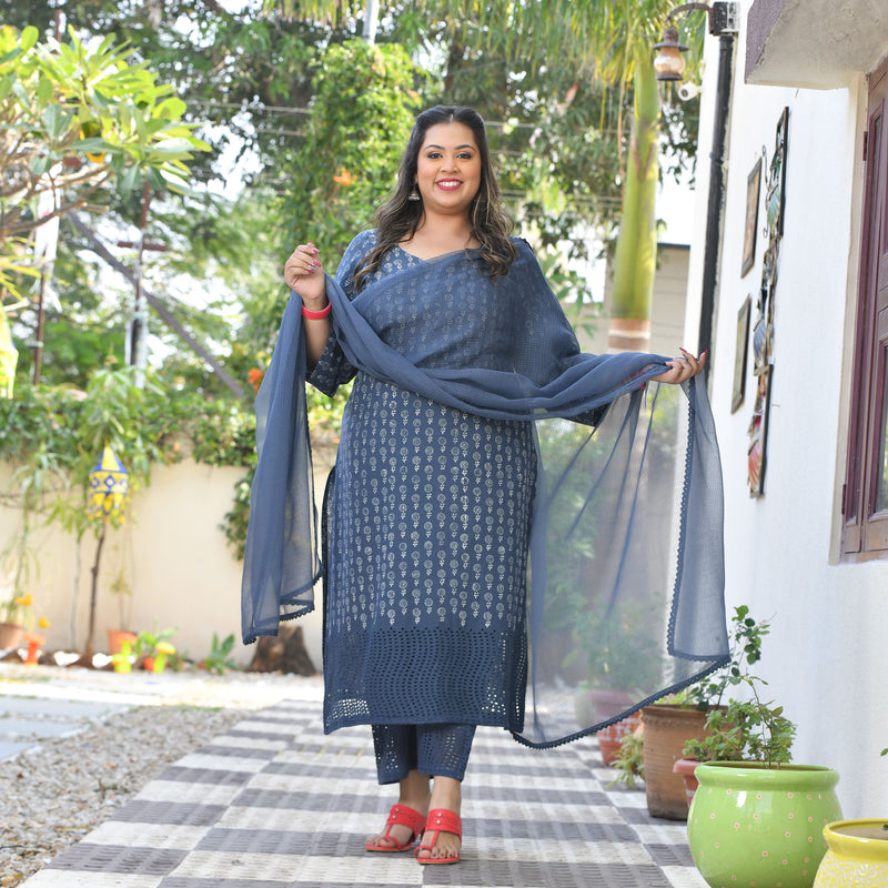 Chand Ka Tukda Handblock Printed Chikankari Suit Set