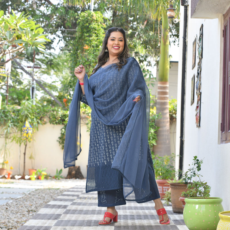 Chand Ka Tukda Handblock Printed Chikankari Suit Set