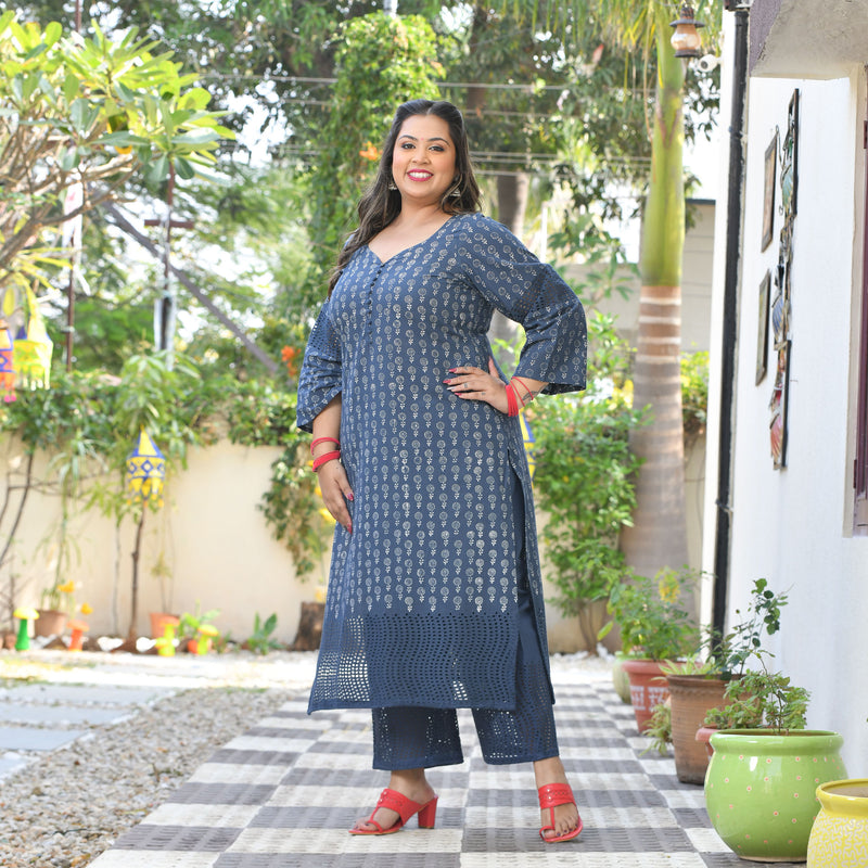 Chand Ka Tukda Handblock Printed Chikankari Suit Set