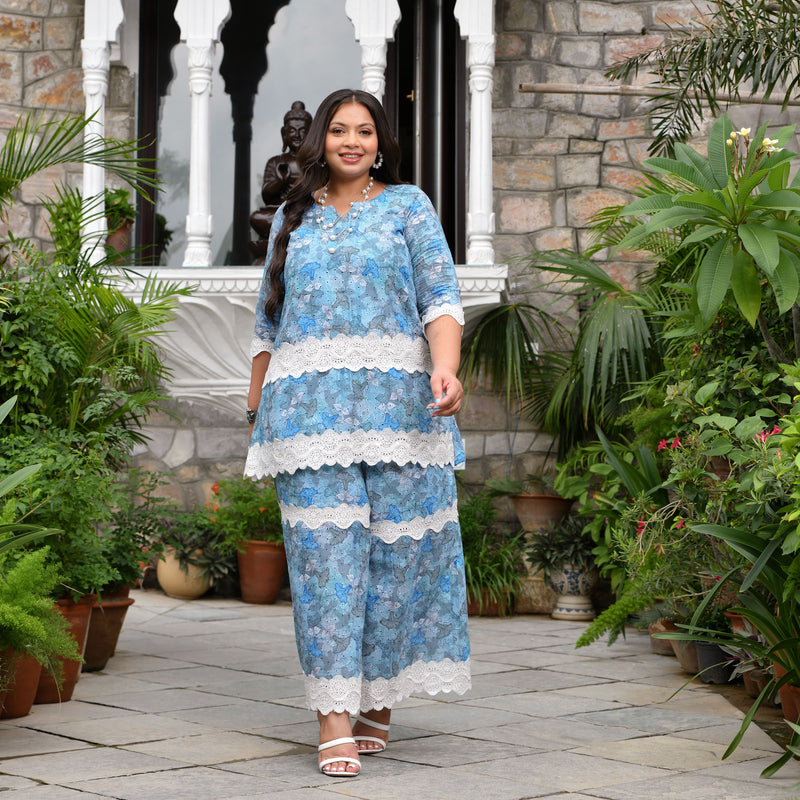 Aqua Hibiscus Chikankari Laced Co-Ord Set