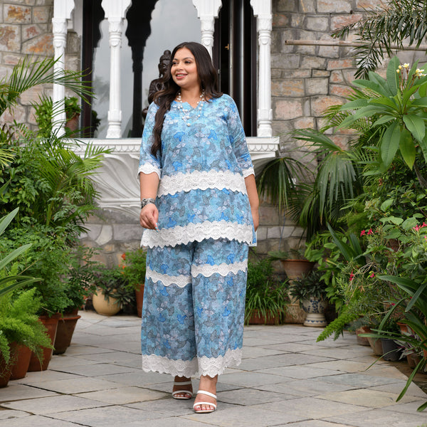 Aqua Hibiscus Chikankari Laced Co-Ord Set