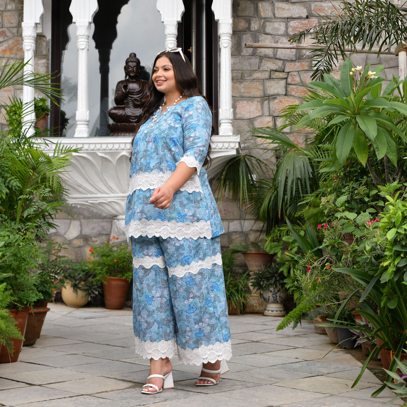 Aqua Hibiscus Chikankari Laced Co-Ord Set