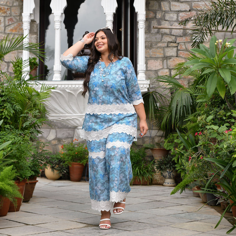 Aqua Hibiscus Chikankari Laced Co-Ord Set