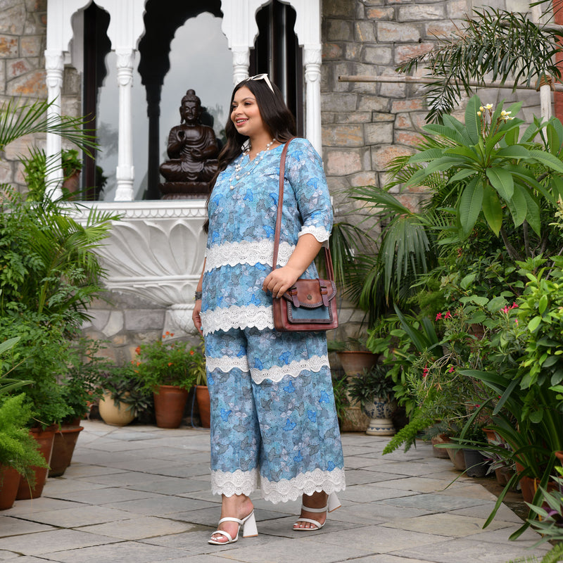 Aqua Hibiscus Chikankari Laced Co-Ord Set