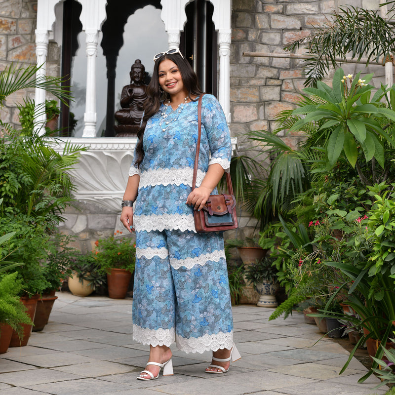 Aqua Hibiscus Chikankari Laced Co-Ord Set