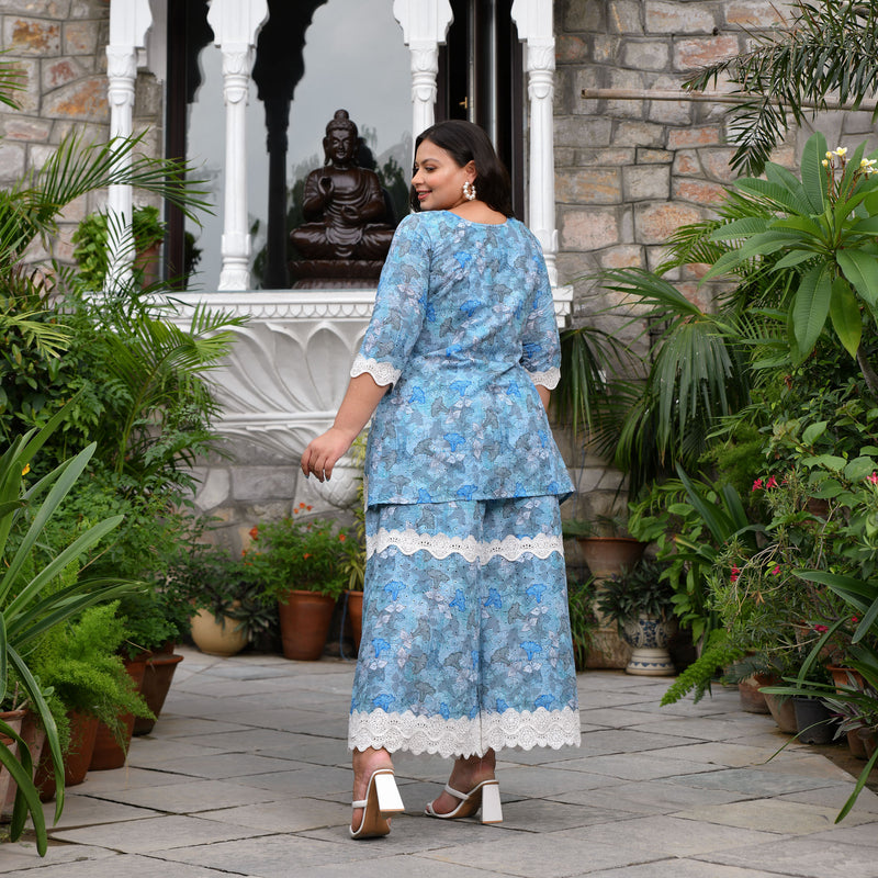 Aqua Hibiscus Chikankari Laced Co-Ord Set