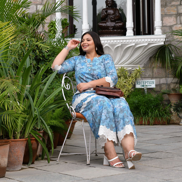 Aqua Hibiscus Chikankari Laced Co-Ord Set
