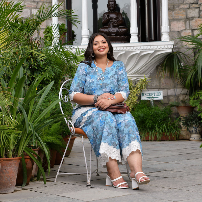 Aqua Hibiscus Chikankari Laced Co-Ord Set